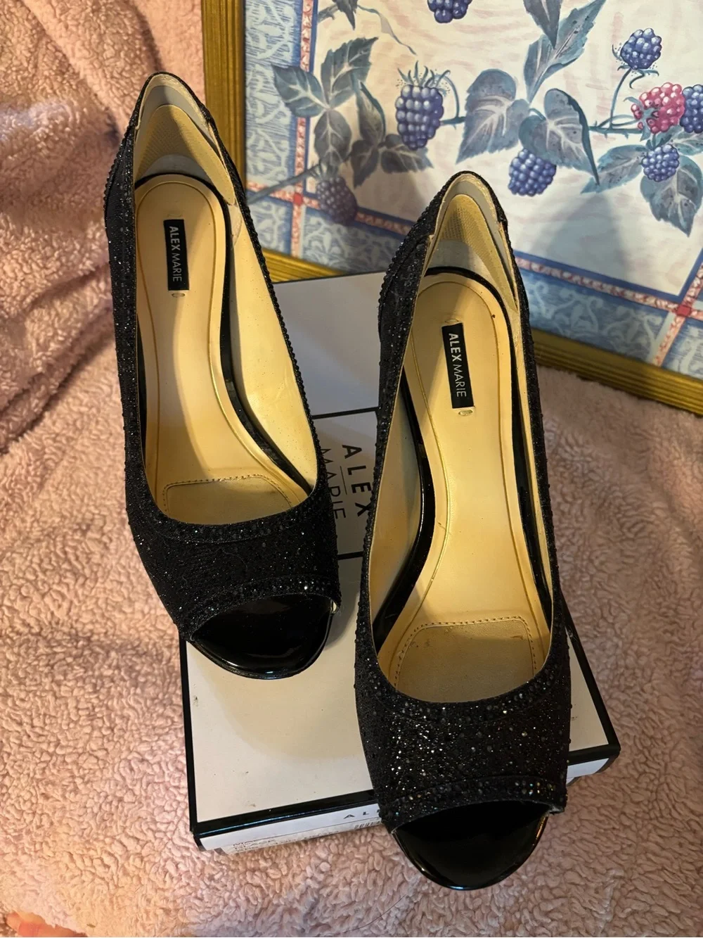 Alex Marie Black Sparkle Peep-Toe Heels